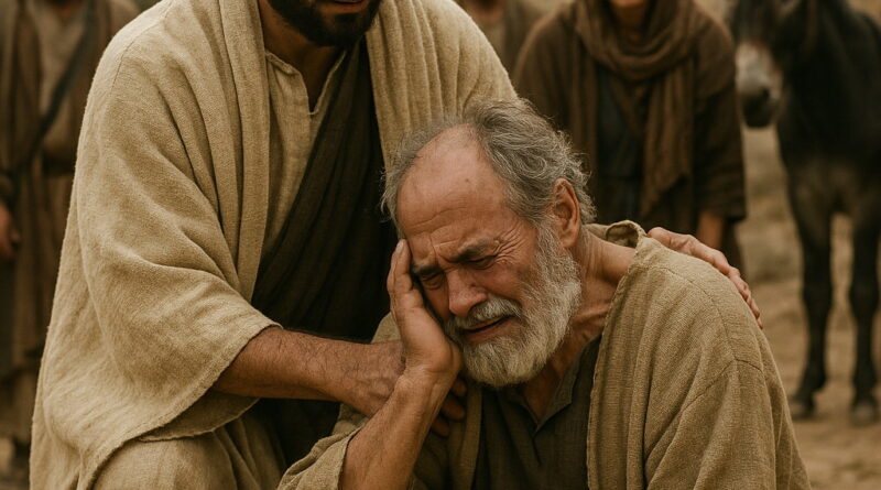 An elderly man kneels on the ground in anguish as a younger man comforts him, surrounded by onlookers in a biblical desert setting.