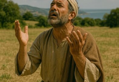 A bearded man in ancient robes kneels in a sunlit field, lifting his hands toward heaven in prayer.