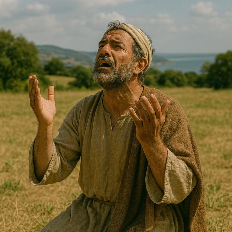 A bearded man in ancient robes kneels in a sunlit field, lifting his hands toward heaven in prayer.