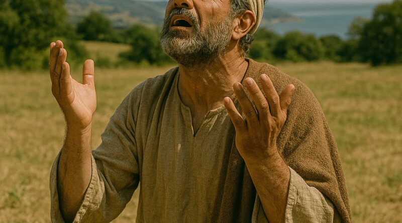 A bearded man in ancient robes kneels in a sunlit field, lifting his hands toward heaven in prayer.