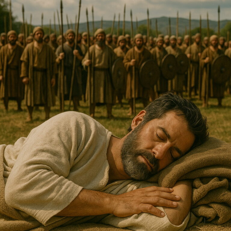 King David sleeps peacefully on the ground as his loyal warriors stand behind him, symbolizing divine protection amid danger.
