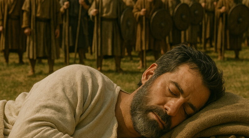 King David sleeps peacefully on the ground as his loyal warriors stand behind him, symbolizing divine protection amid danger.