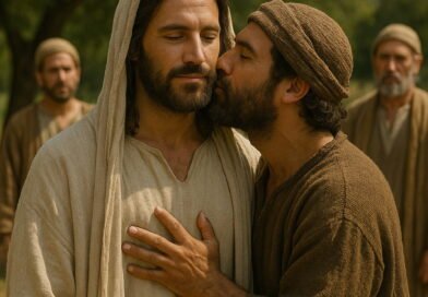 Jesus Christ stands peacefully as a disciple kisses His cheek in a humble, sunlit biblical setting.