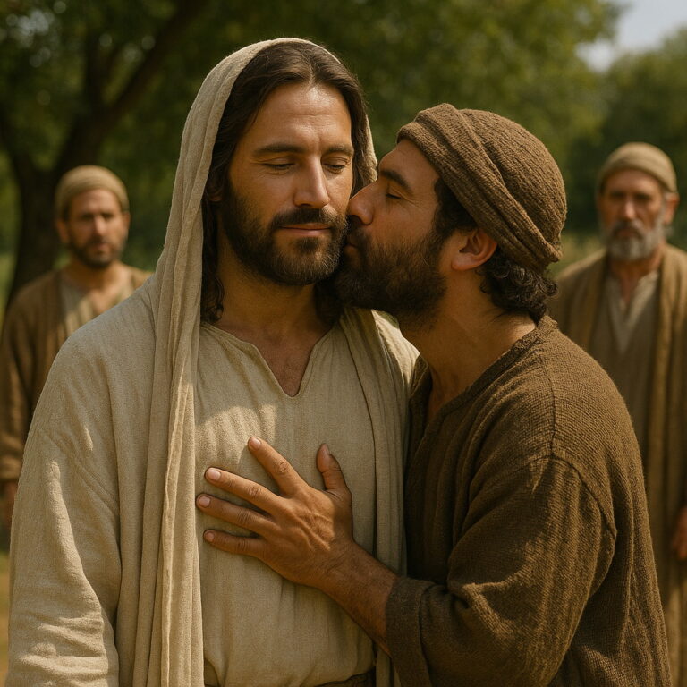 Jesus Christ stands peacefully as a disciple kisses His cheek in a humble, sunlit biblical setting.