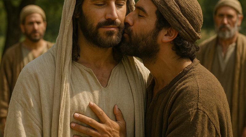 Jesus Christ stands peacefully as a disciple kisses His cheek in a humble, sunlit biblical setting.