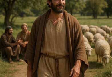 A bearded man in ancient robes walks calmly along a dirt path, leaving behind men in conversation and a flock of sheep in a sunlit biblical landscape.