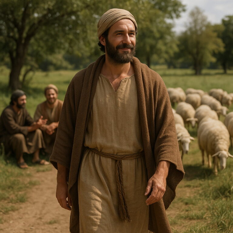 A bearded man in ancient robes walks calmly along a dirt path, leaving behind men in conversation and a flock of sheep in a sunlit biblical landscape.