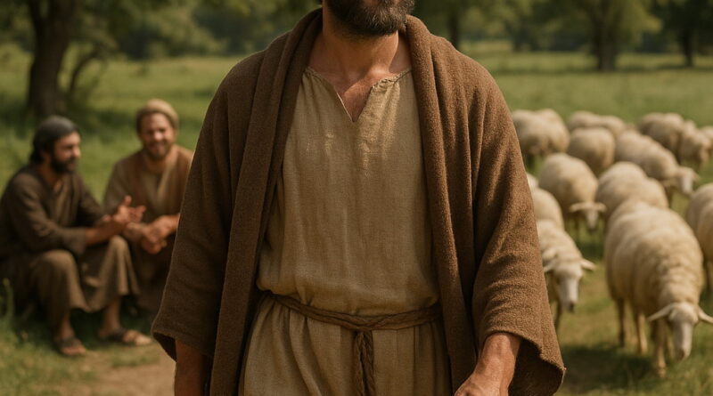 A bearded man in ancient robes walks calmly along a dirt path, leaving behind men in conversation and a flock of sheep in a sunlit biblical landscape.