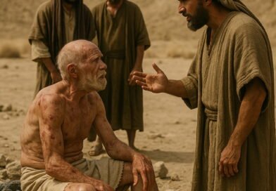 Job, weak and covered in sores, sits on ashes as Eliphaz reproves him, while two friends stand behind, in a barren biblical landscape.