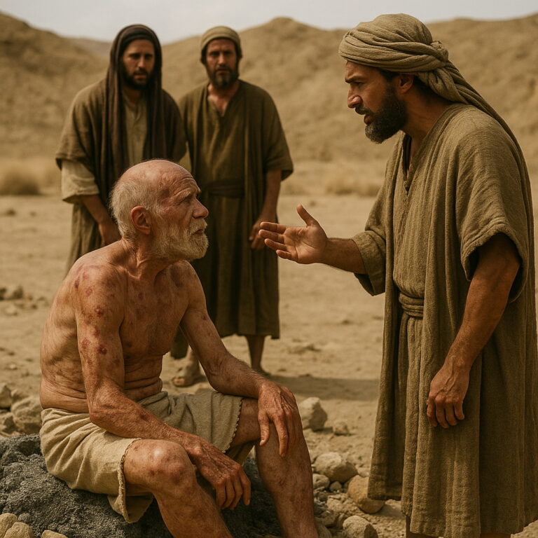 Job, weak and covered in sores, sits on ashes as Eliphaz reproves him, while two friends stand behind, in a barren biblical landscape.