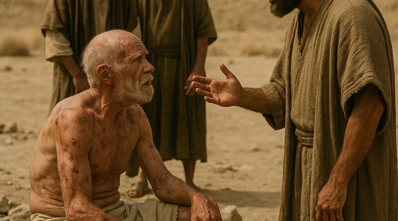 Job, weak and covered in sores, sits on ashes as Eliphaz reproves him, while two friends stand behind, in a barren biblical landscape.