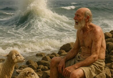 An emaciated, elderly man with sores sits on a rocky shore watching the stormy sea churn like a boiling pot, symbolizing Job’s suffering and God’s power over creation.