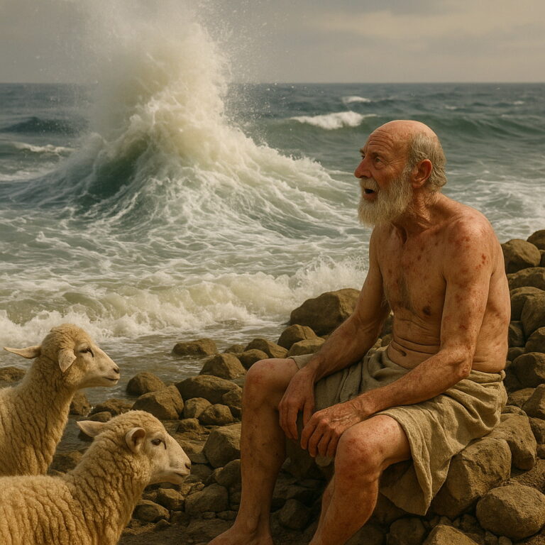 An emaciated, elderly man with sores sits on a rocky shore watching the stormy sea churn like a boiling pot, symbolizing Job’s suffering and God’s power over creation.
