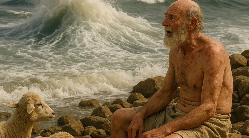 An emaciated, elderly man with sores sits on a rocky shore watching the stormy sea churn like a boiling pot, symbolizing Job’s suffering and God’s power over creation.