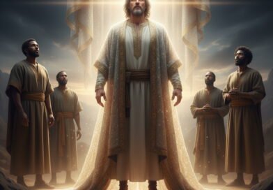 A majestic figure, radiating light and dressed in glorious robes, stands regally, with four humble men observing him with reverence in a desolate, rocky landscape under a dramatic sky.