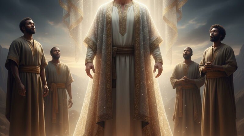 A majestic figure, radiating light and dressed in glorious robes, stands regally, with four humble men observing him with reverence in a desolate, rocky landscape under a dramatic sky.