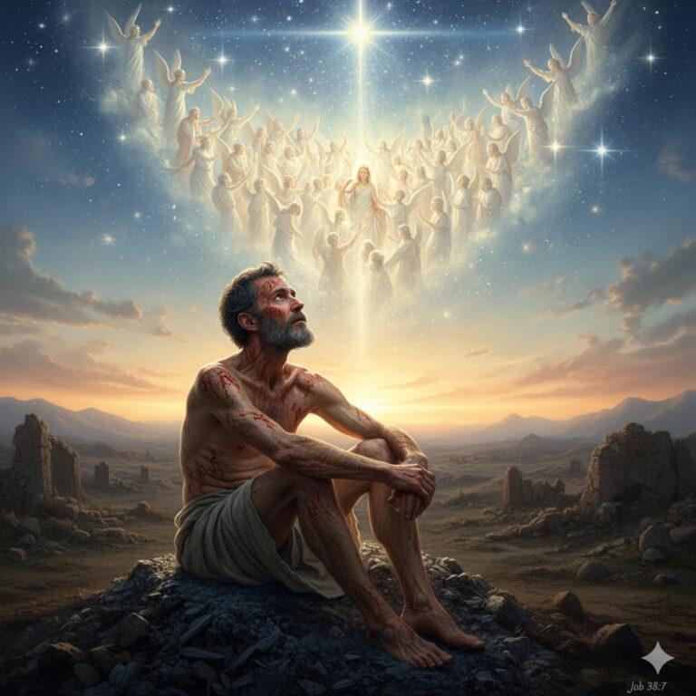 A suffering Job, covered in red sores, sits on an ash heap, looking up at a radiant star with a host of angels and divine figures joyfully praising in the heavens at dawn, above a desolate landscape.