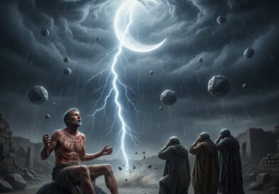 A diseased Job sits on an ash heap, looking up at a dramatic stormy sky with a crescent moon, lightning striking near him, and rocks falling. His three friends kneel nearby, covering their heads in fear and reverence.