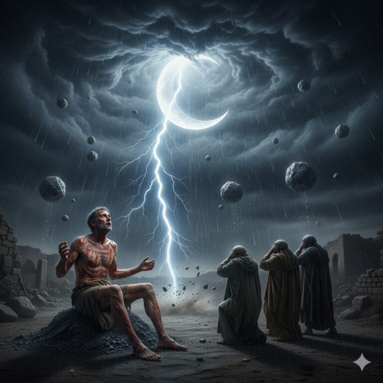 A diseased Job sits on an ash heap, looking up at a dramatic stormy sky with a crescent moon, lightning striking near him, and rocks falling. His three friends kneel nearby, covering their heads in fear and reverence.