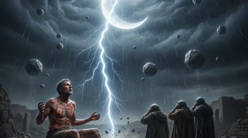 A diseased Job sits on an ash heap, looking up at a dramatic stormy sky with a crescent moon, lightning striking near him, and rocks falling. His three friends kneel nearby, covering their heads in fear and reverence.