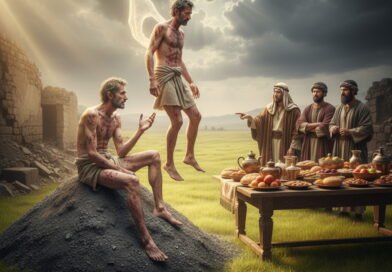A suffering Job, covered in red sores, sits on an ash heap looking towards a divine hand lifting a healthier version of himself from his suffering, while his three friends stand by a lavish table laden with food in a lush field, under a sky with both storm clouds and divine light.