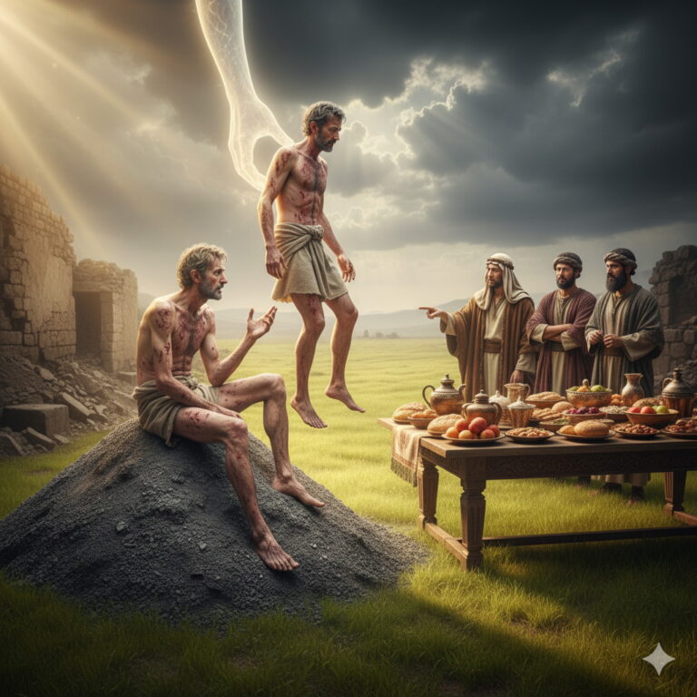 A suffering Job, covered in red sores, sits on an ash heap looking towards a divine hand lifting a healthier version of himself from his suffering, while his three friends stand by a lavish table laden with food in a lush field, under a sky with both storm clouds and divine light.