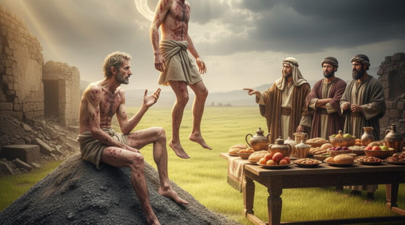 A suffering Job, covered in red sores, sits on an ash heap looking towards a divine hand lifting a healthier version of himself from his suffering, while his three friends stand by a lavish table laden with food in a lush field, under a sky with both storm clouds and divine light.
