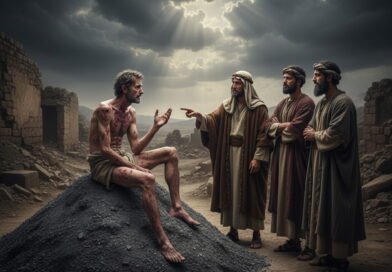 A severely ill Job, covered in red sores, sits on an ash heap, gesturing towards his three friends, one of whom points a finger at him in a ruined, desolate landscape under a dramatic, cloudy sky with rays of light breaking through.