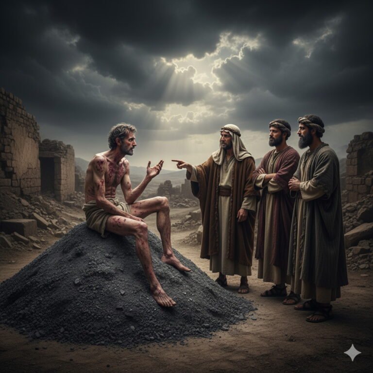 A severely ill Job, covered in red sores, sits on an ash heap, gesturing towards his three friends, one of whom points a finger at him in a ruined, desolate landscape under a dramatic, cloudy sky with rays of light breaking through.