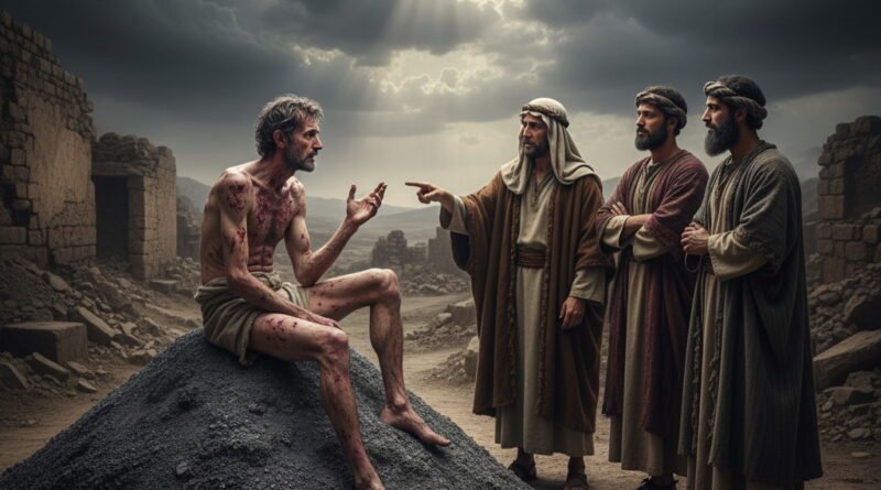 A severely ill Job, covered in red sores, sits on an ash heap, gesturing towards his three friends, one of whom points a finger at him in a ruined, desolate landscape under a dramatic, cloudy sky with rays of light breaking through.