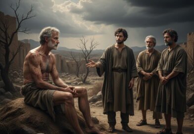 Job sits on an ash heap, his body covered in reddish sores, barely covered by a cloth, as three of his friends stand before him, one speaking to him in a desolate, ruined landscape under a stormy sky.