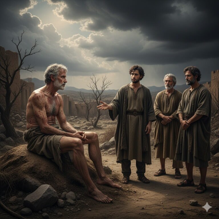 Job sits on an ash heap, his body covered in reddish sores, barely covered by a cloth, as three of his friends stand before him, one speaking to him in a desolate, ruined landscape under a stormy sky.