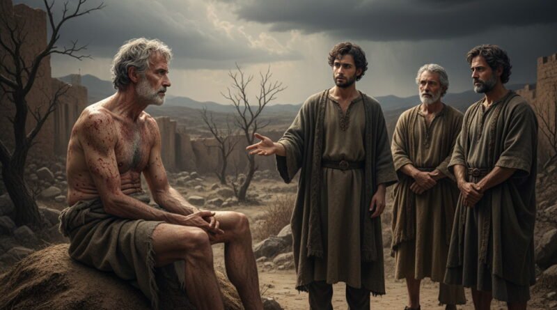 Job sits on an ash heap, his body covered in reddish sores, barely covered by a cloth, as three of his friends stand before him, one speaking to him in a desolate, ruined landscape under a stormy sky.