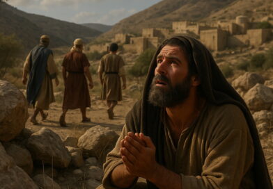 David hides among rocks, praying desperately while men search for him in a distant village.