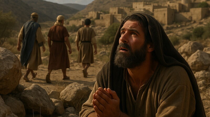 David hides among rocks, praying desperately while men search for him in a distant village.