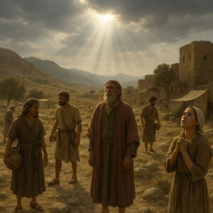 Villagers stand beneath a breaking sky as light falls from above, some looking upward seeking God, others distracted among daily tasks.