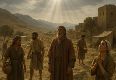 Villagers stand beneath a breaking sky as light falls from above, some looking upward seeking God, others distracted among daily tasks.