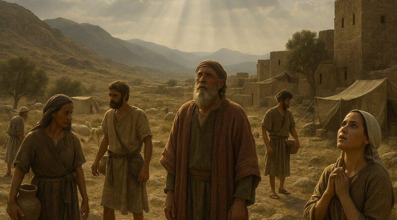Villagers stand beneath a breaking sky as light falls from above, some looking upward seeking God, others distracted among daily tasks.