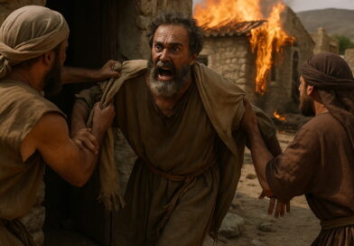 Three men forcefully remove a furious man from his stone house as the village burns behind them.