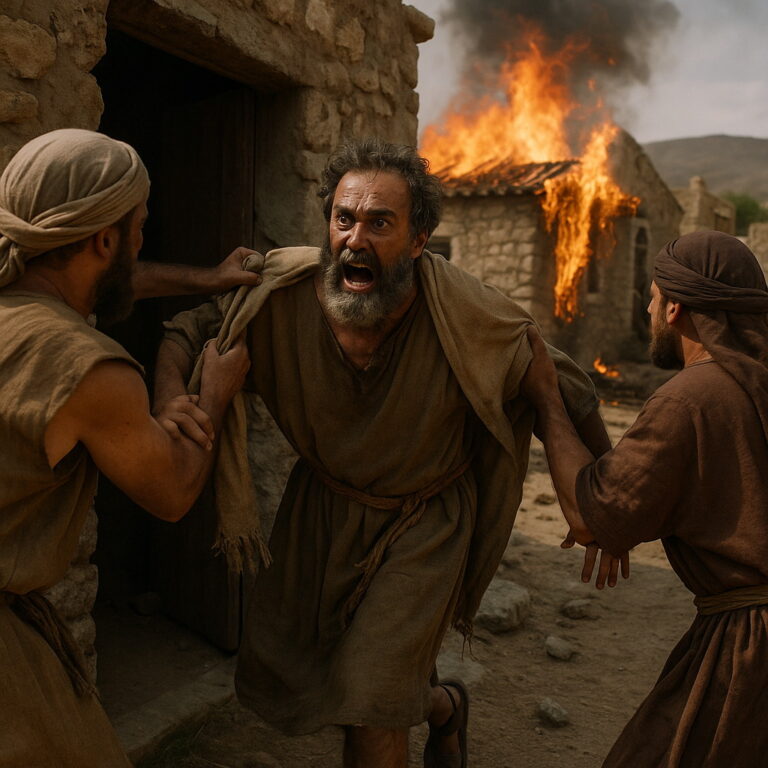 Three men forcefully remove a furious man from his stone house as the village burns behind them.