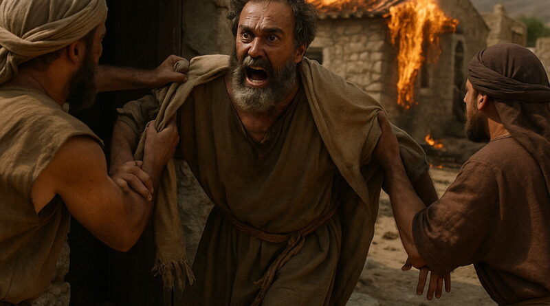 Three men forcefully remove a furious man from his stone house as the village burns behind them.