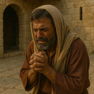 A man kneels in deep repentance, crying with clasped hands in a biblical stone courtyard.