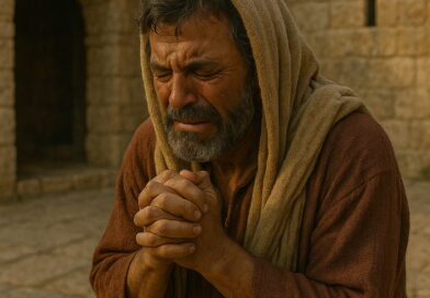 A man kneels in deep repentance, crying with clasped hands in a biblical stone courtyard.
