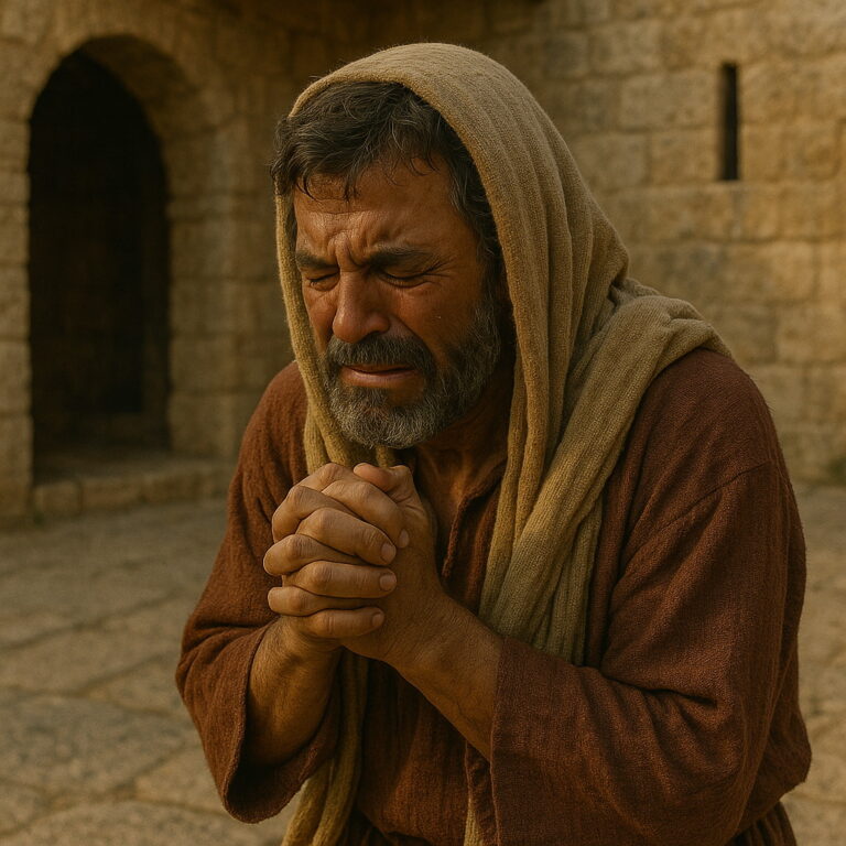 A man kneels in deep repentance, crying with clasped hands in a biblical stone courtyard.