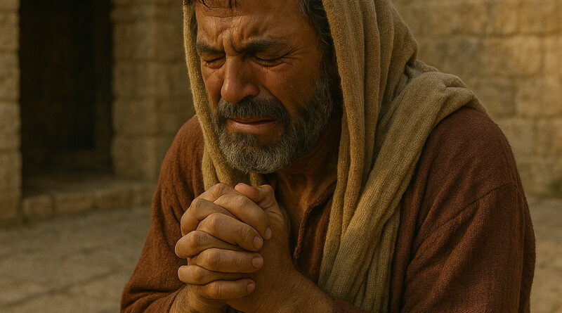 A man kneels in deep repentance, crying with clasped hands in a biblical stone courtyard.