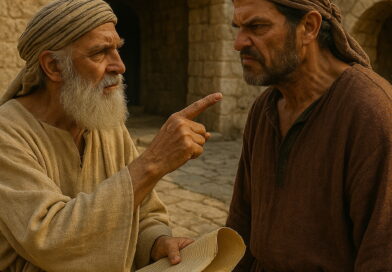 An elder confronts a hardened man in a biblical setting, pointing at him while holding a scroll.