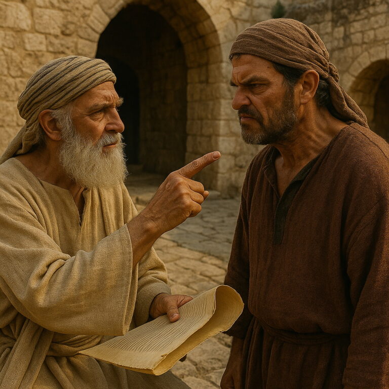 An elder confronts a hardened man in a biblical setting, pointing at him while holding a scroll.
