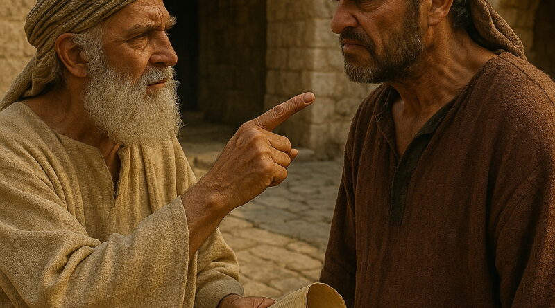 An elder confronts a hardened man in a biblical setting, pointing at him while holding a scroll.