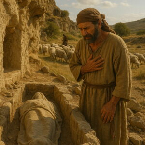 A grieving biblical-era man stands beside an open stone tomb, with a wrapped body laid inside and sheep grazing behind him.