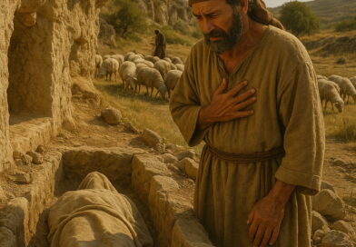A grieving biblical-era man stands beside an open stone tomb, with a wrapped body laid inside and sheep grazing behind him.